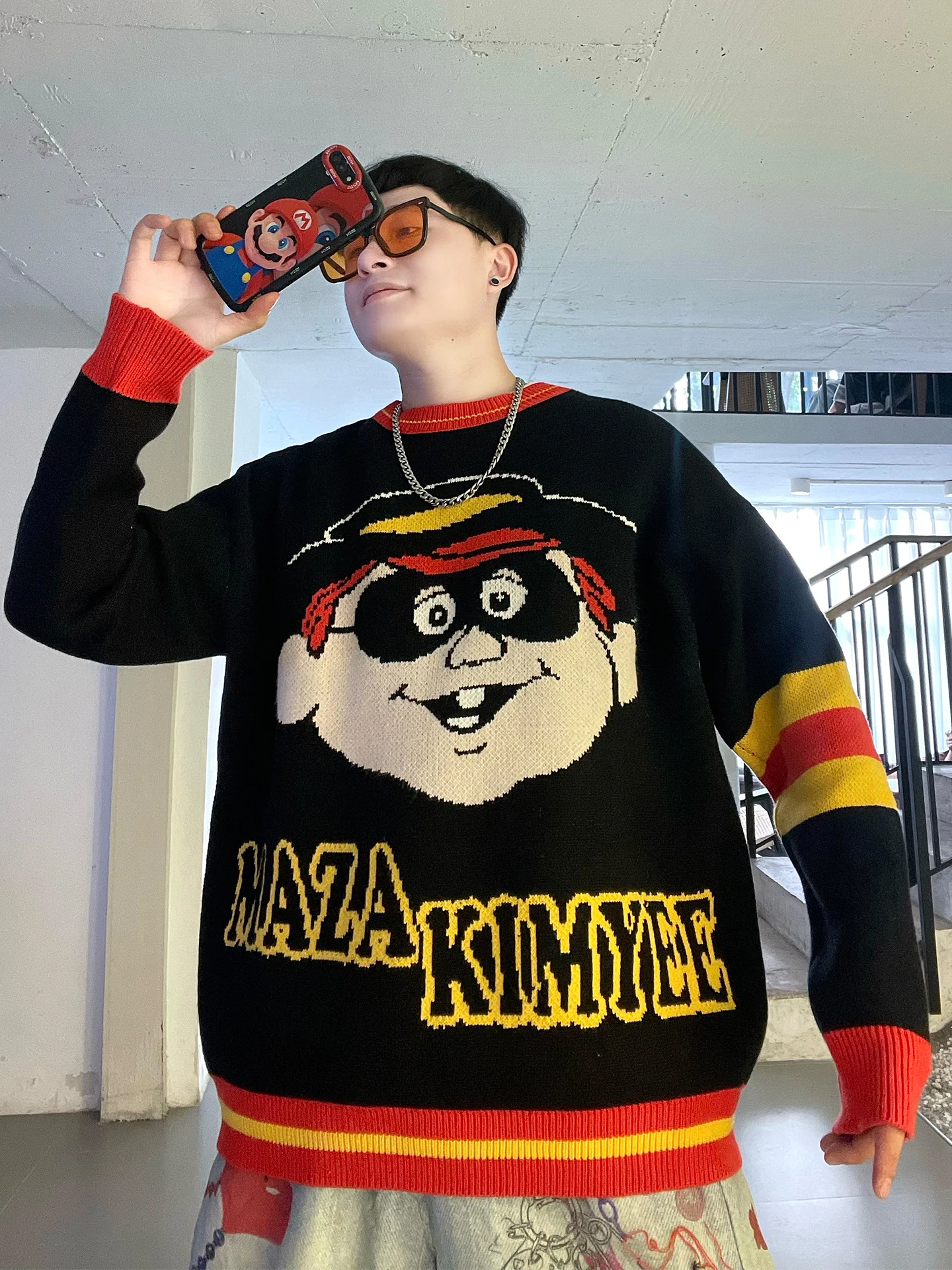 

Thiened Cartoon Contrast Color Men's Sweater Warm Lazy Sle Knitted irt Autumn Winter Casual Loose Fit Cotton Blend