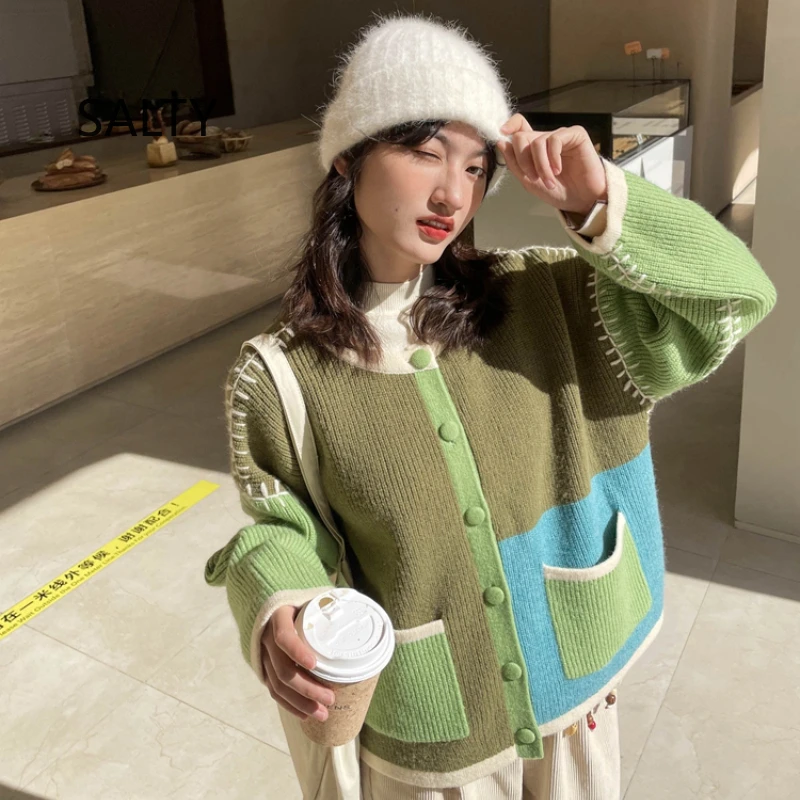 

2026 Spring/Autumn New Women's Cardigan Color Collision Splicing Sweater Cardigan Design Knitted Cardigan Woman