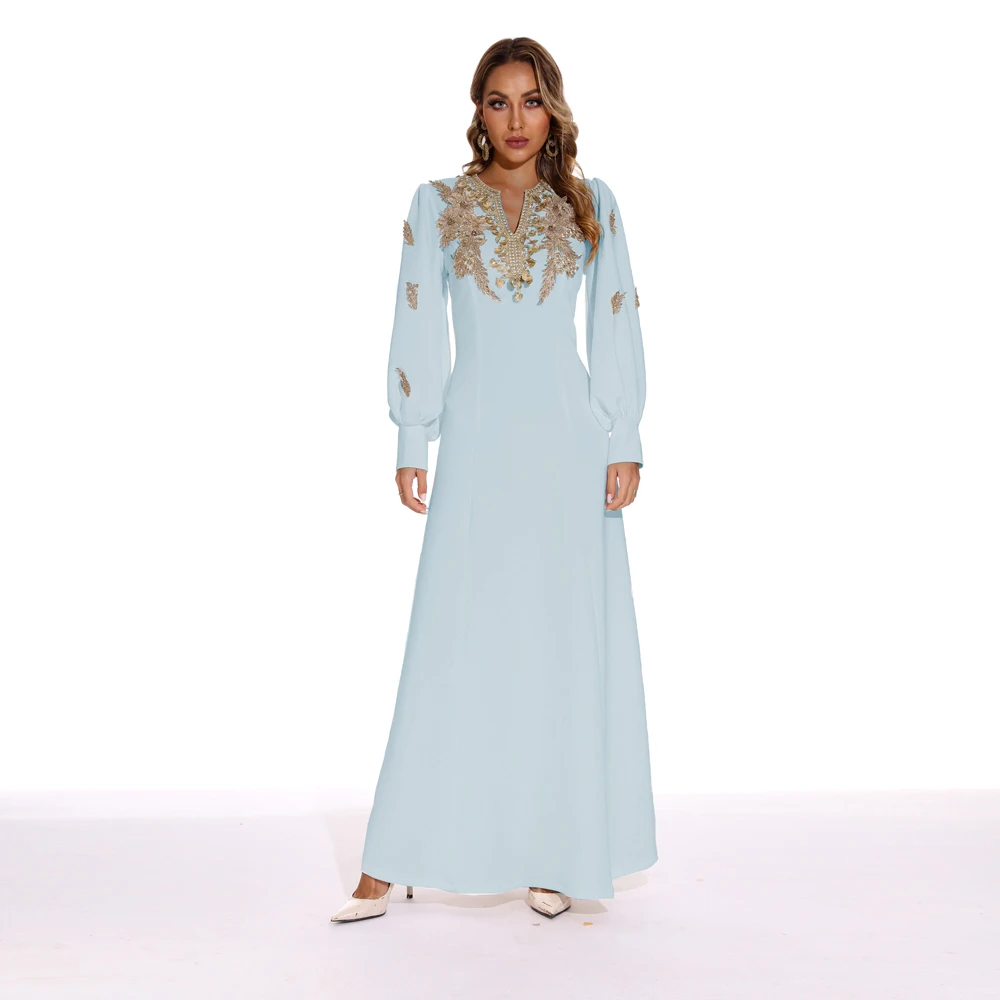 Women's Evening Gown Sexy V Neck Long Lantern Sleeves Embroidery Elegant A Line Fashion Designer Maxi Vestidos