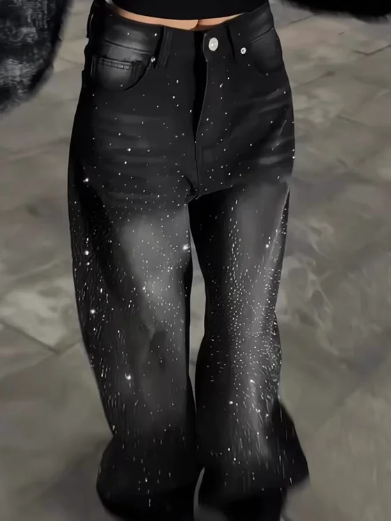 

Retro Casual Bla Diamond Design Slimming Wide Leg Jeans Women's Spring New Sle Faionable High Waist Denim Pants