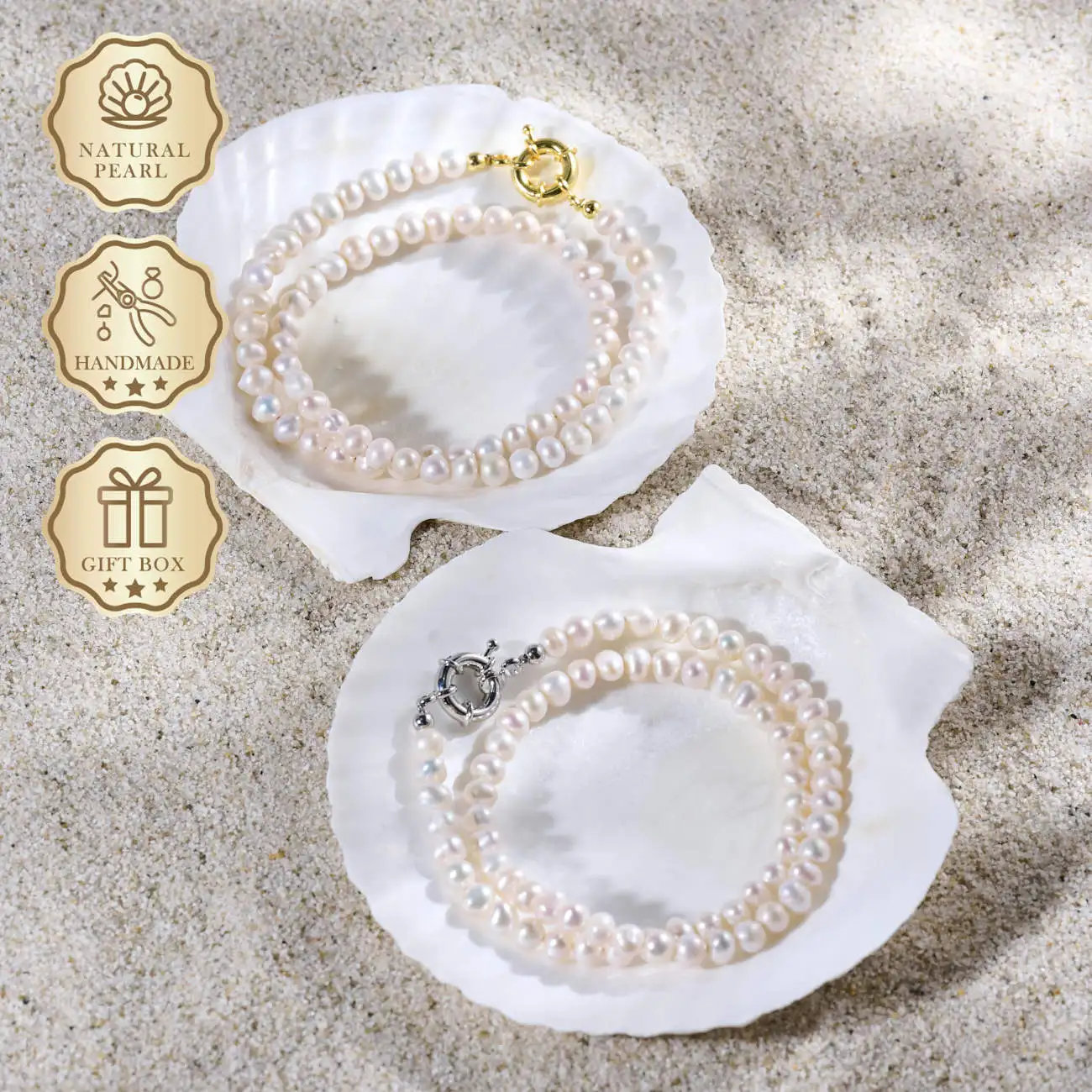 

MYSOYA Natural White Freshwater Pearl Necklace, 5–6mm Pearls with Gold & Silver Nautical Clasp, Gift Box, Birthday Gift