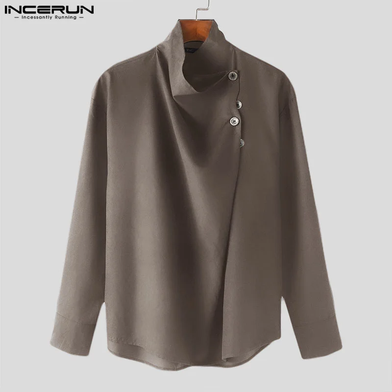 2024 Men Irregular Shirt Solid Color Stand Collar Long Sleeve Men Clothing Streetwear Loose Fashion Casual Shirts S-5XL INCERUN