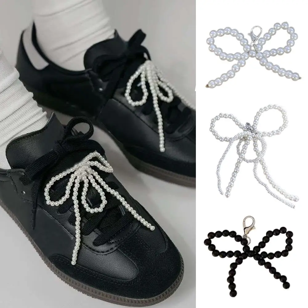 Lace Silver Bow Lace Handmade Shoes Clips Bag Pendant Bow Key Chain Accessories Ballet Style Shoelace Pearl Bow Heart Shoe Chain