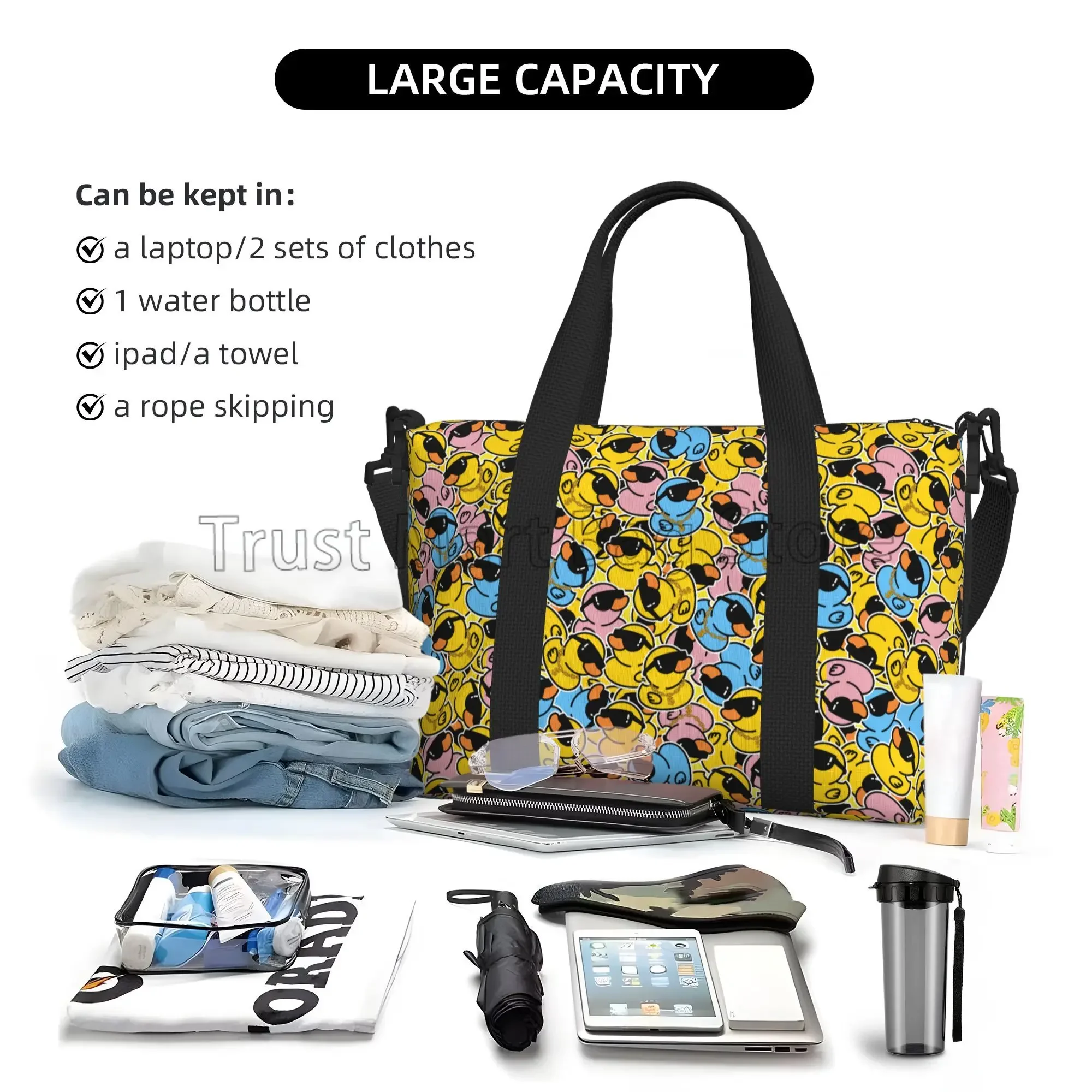 Cute Rubber Cartoon Duck Print Travel Duffel Bags Unisex Waterproof Portable Luggage Tote Bag Overnight Weekender Hand Bag