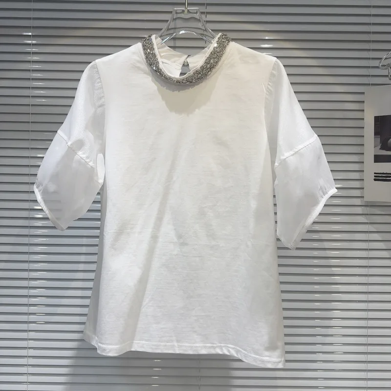 

BORVEMAYS Diamonds O Neck T-shirt Women White Simple All-match Short Sleeve Solid Color Mesh Summer Thin Tops WZ8529