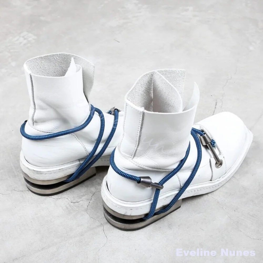 Men White Genuine Leather Ankle Boots Blue Coiled Rope Decor Hollow Metal Block Heel Hiking Boots Stylish Non-slip Ankle Boots