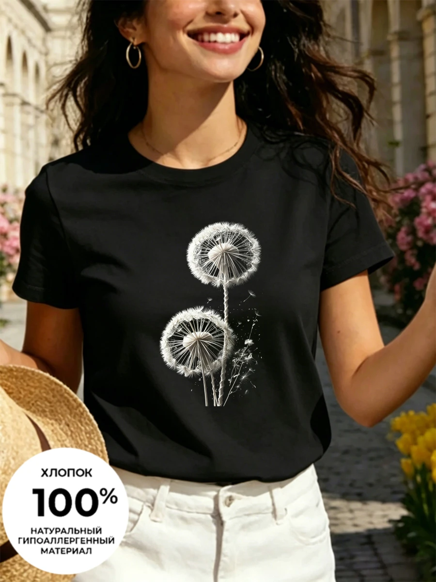 Different styles of dandelion-printed women's T-shirts, round-neck short-sleeved T-shirts, pure cotton T-shirts, tops