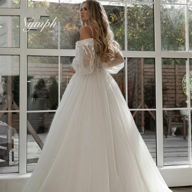 Maßgeschneiderte schulterfreie Spitze Glitzer A-Linie Brautkleider Lange Puffärmel 3D-Blumen Boho Brautkleid 2024 Vestidos De Novia