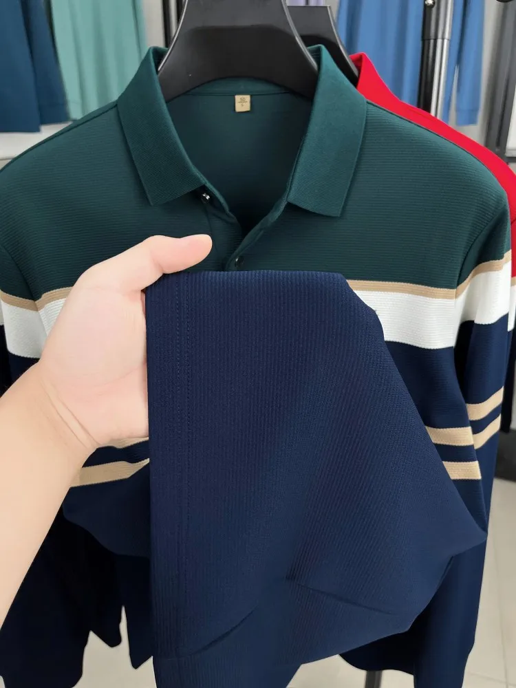 الراقية العلامة التجارية رسالة مطبوعة قميص بولو بأكمام طويلة الرجال في الربيع والخريف جديد عادية وأزياء مخطط التلبيب تي شيرت #6