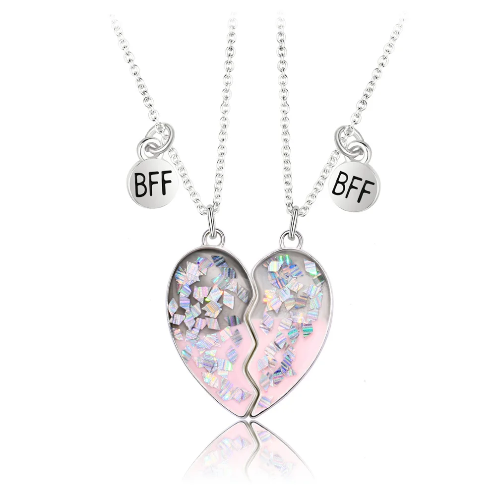 2pcs/Set Shiny Heart Necklace for Women Adjustable Chain Magnet DIY Sequin Heart Pendant Necklace BFF Best Friends Jewelry Gifts