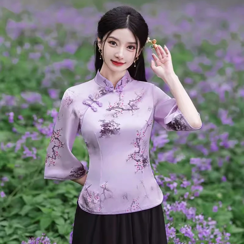 

Плюс размер 5XL, костюм Тан в китайском стиле, рубашка, летние новые ретро этнические топы ханьфу, рубашка с улучшенным принтом, блузка с воротником-стойкой