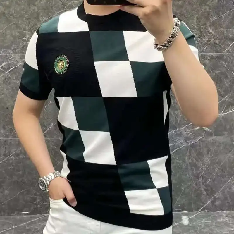 Summer Plaid Contrast Color Stitching Pattern Slim Round Neck Knitting Short Sleeve Tees Quality Knitting Contrasting T-Shirt