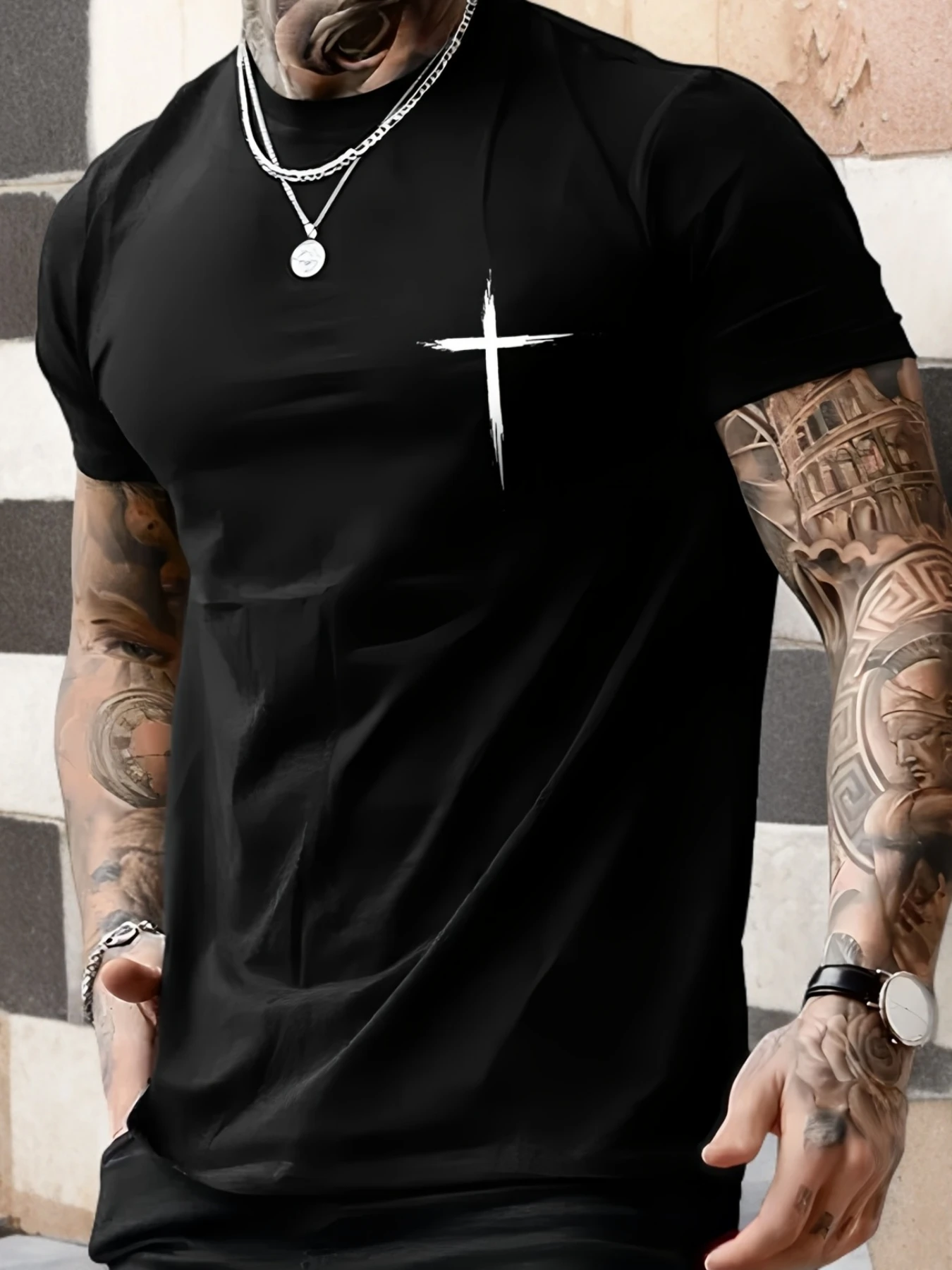 

Cross Print T Shirt 1pc Men's Casual Crew Neck T Shirt Exquisite Cross Print 100 Polyester Knit Fabric Slight Stretch