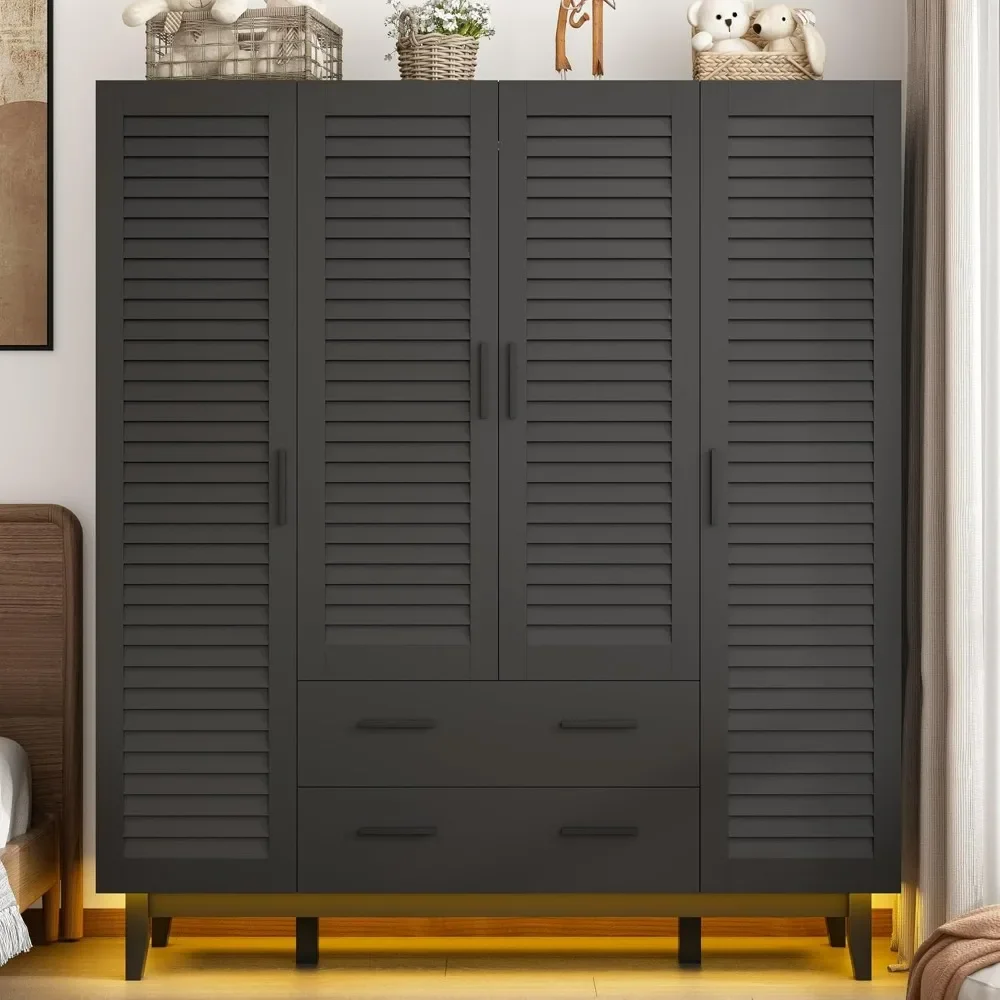 4 Door Armoire Wardrobe Closet Cabinet with Drawers and LED Lights, Multi-Tier Shelves,Hanging Rod&Louver Doors,(4 Doors Black)