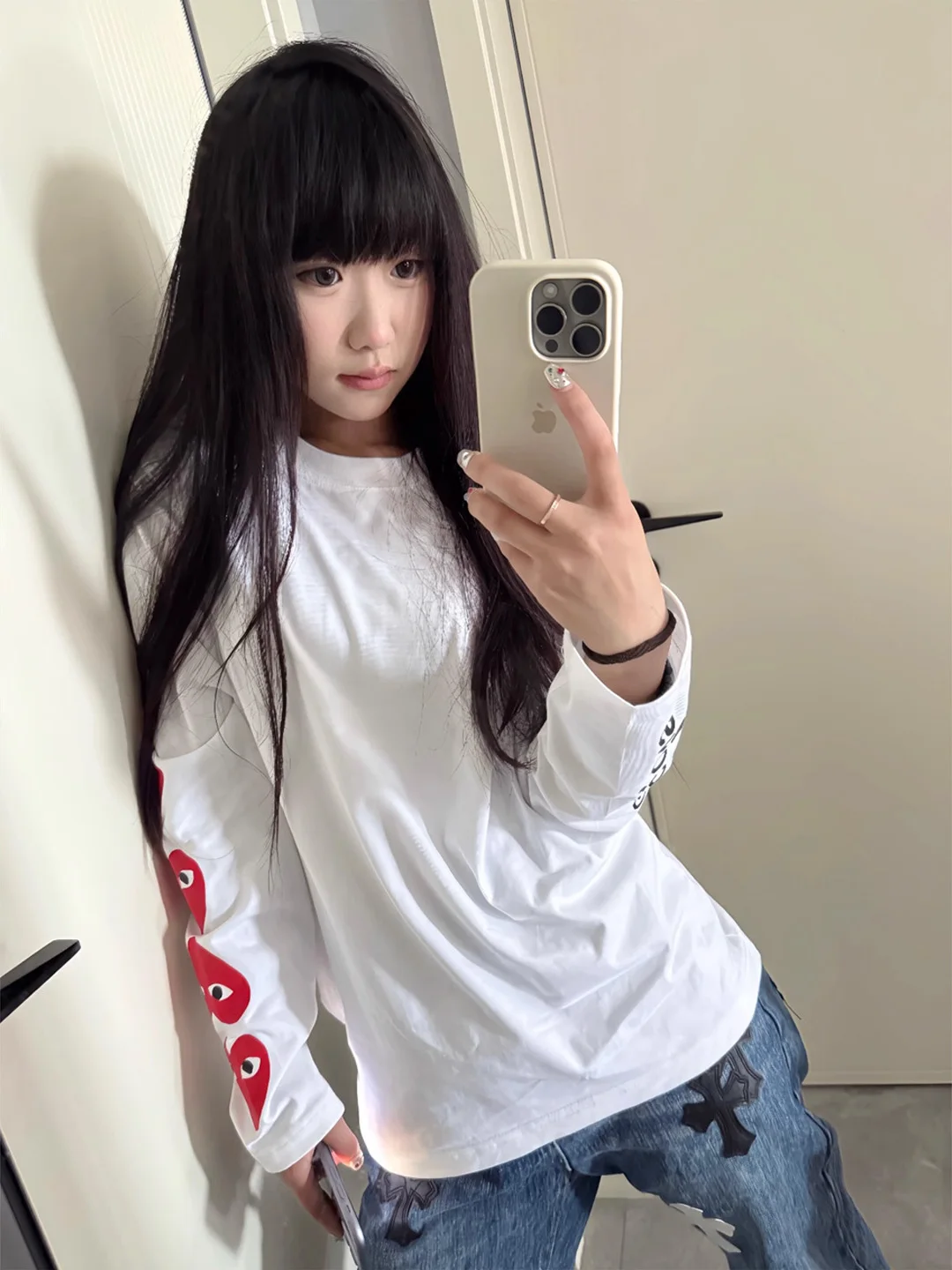 تي شيرت فضفاض من القطن طويل Sve للسيدات للخريف Faion Street Love Letter Round Ne Print Top Korean Sle Creative Pat... #3