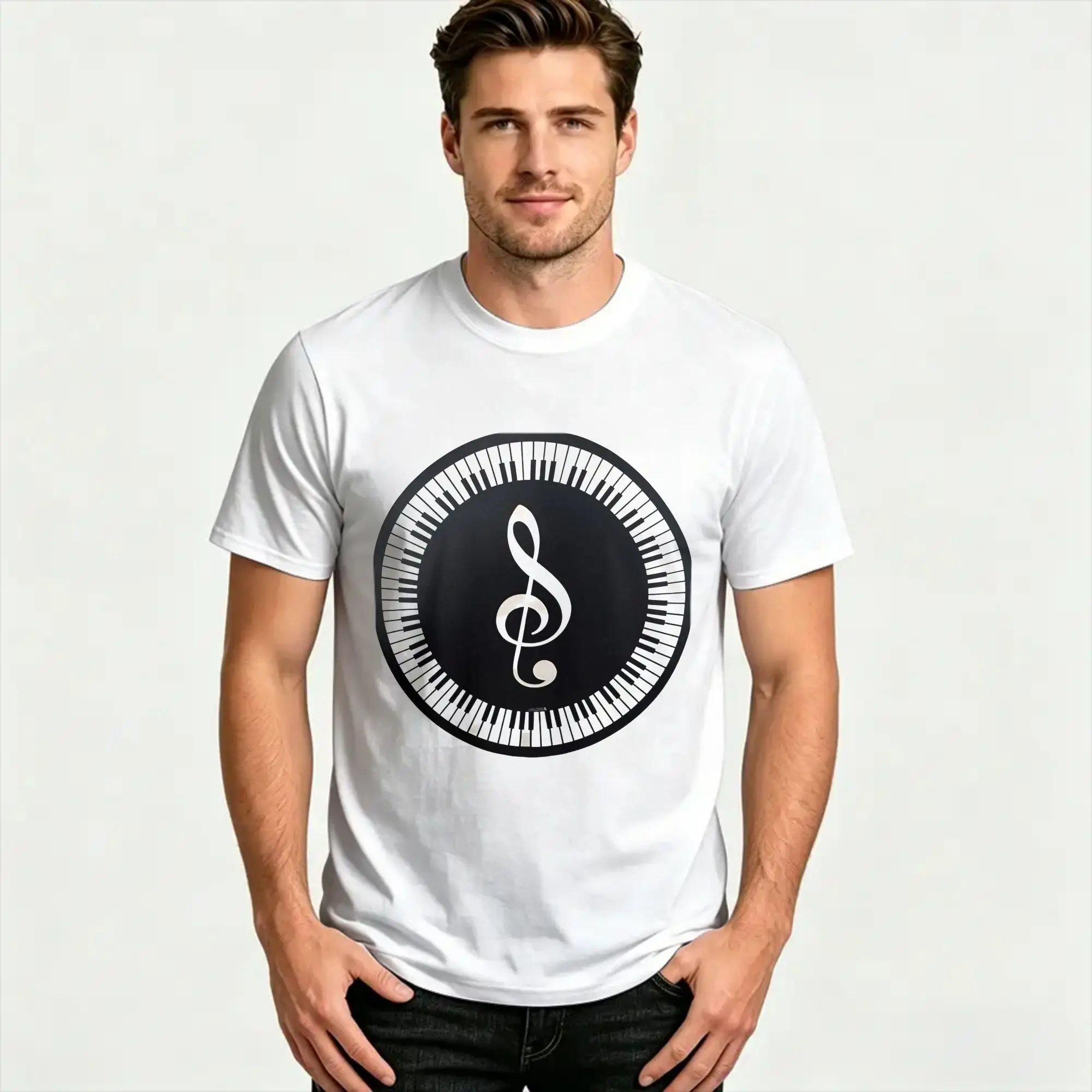 Oversized T Shirt Piano Key Treble Clef  100% Cotton T-Shirts  Fashion Tee Shirt for Men Beach Y2K Basic Print Short Sleeve Tops