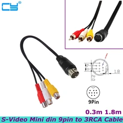 Mini DIN 9pin S-Video do 3 RCA męskie żeński Adapter kablowy dla RGB TV HDTV Audio wideo kabel AV 1.8M