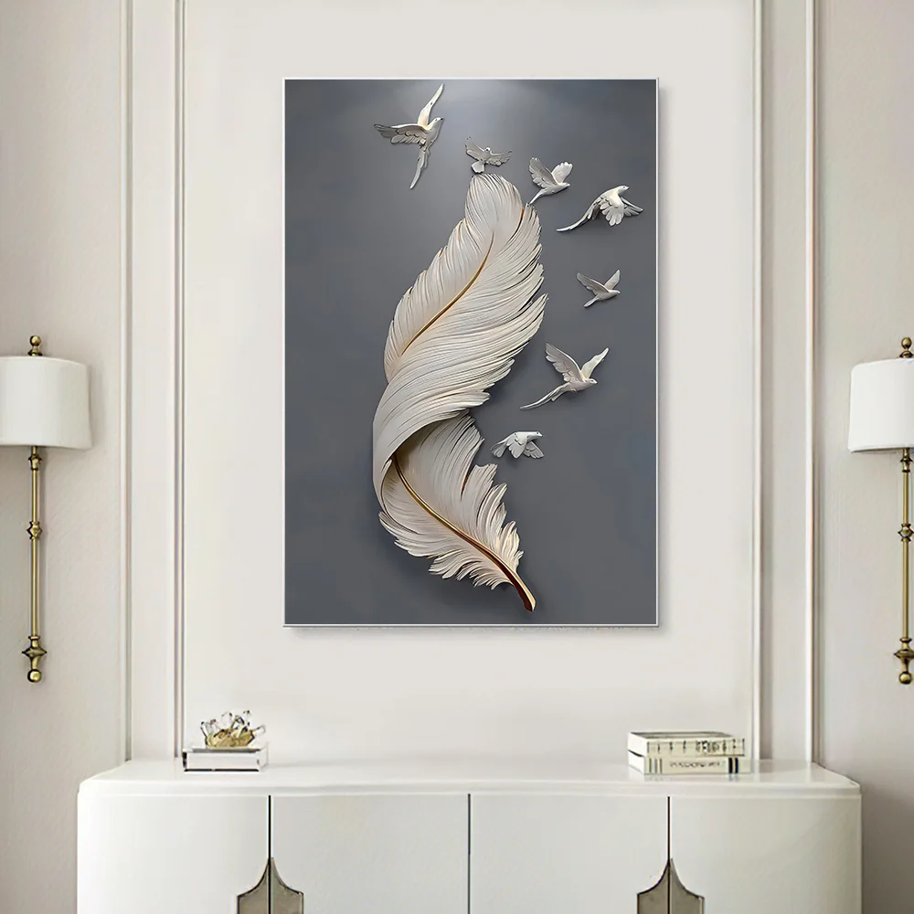 3D Effect Feather Pigeon Canvas Painting Modern Wall Art Poster Print Abstract Minimal Picture for Living Room Home Decor Cuadro