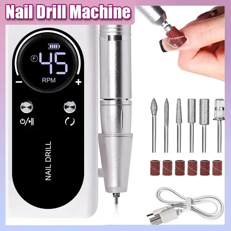 

Professional 45000RPM Electric Portable Nail Drill Machine Rechargeable Low Noise Nail Sander File for Manicure Salon Tool