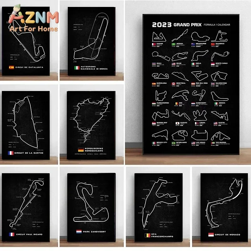 AZNM F1 Race Track Map Canvas Wall Art, Black Background Formula 1 Grand Prix Circuit Outline Print, Racing Sports Poster, Frame