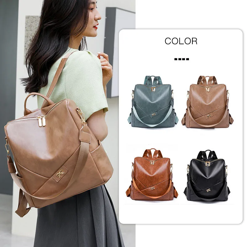 Outdoor travel backpack fashion soft pu leather women shoulder bag Dual-purpose light casual one-shoulder women's bag