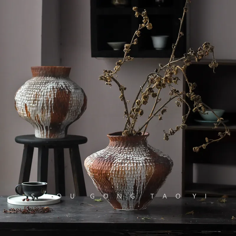 Jingdezhen Wabi Sabi Ceramic Vase Retro Pottery Home Decor Ornament for Living Room Soft Decoration Dried Flower Arrangement