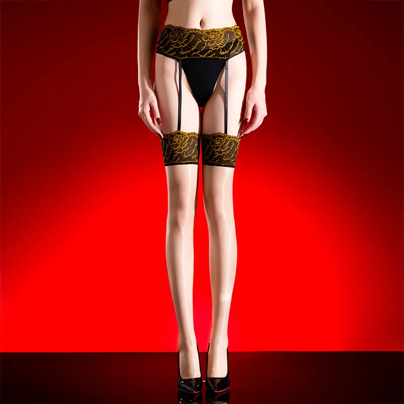 Sexy Frauen Patchwork Spitze Strümpfe Dünne Glänzende Glänzende Strümpfe Sheer Durchsichtig Vintage Elastische Maid Strumpfhosen