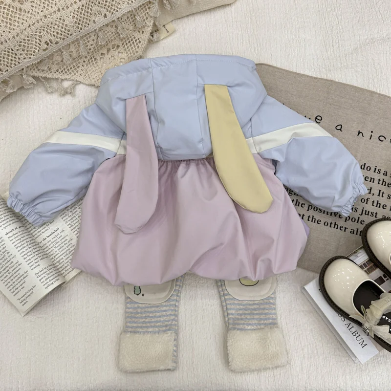 Girls Fleece-Lined Suit2024Autumn and Winter New Sweet Baby Girl Rabbit Ears Hooded Jacket Striped Warm-Keeping Pants