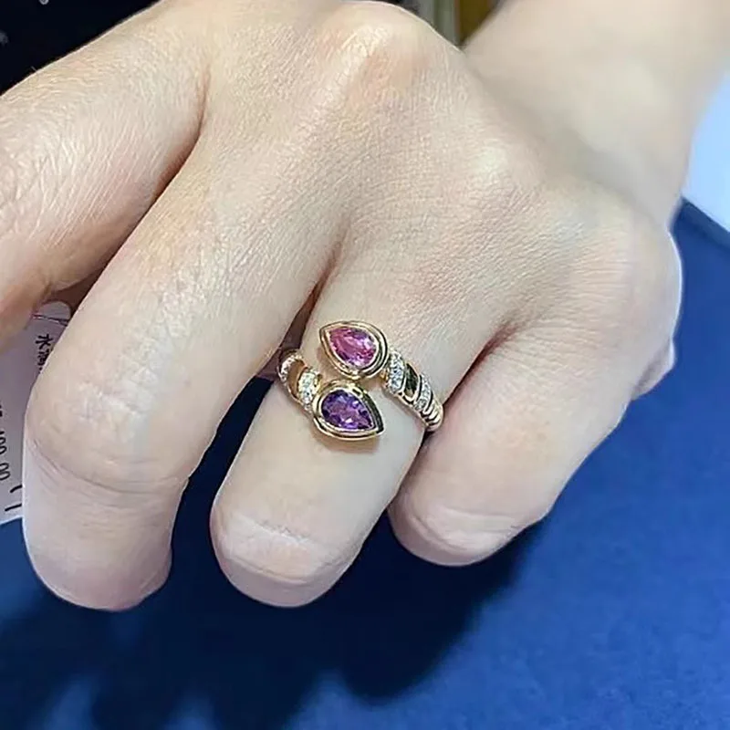 Foydjew Vintage Jewelry Snake Water Drop Design Rings Inlaid Pink and Purple Zircon Ring Women\'s Fashion Gold Color Accessories