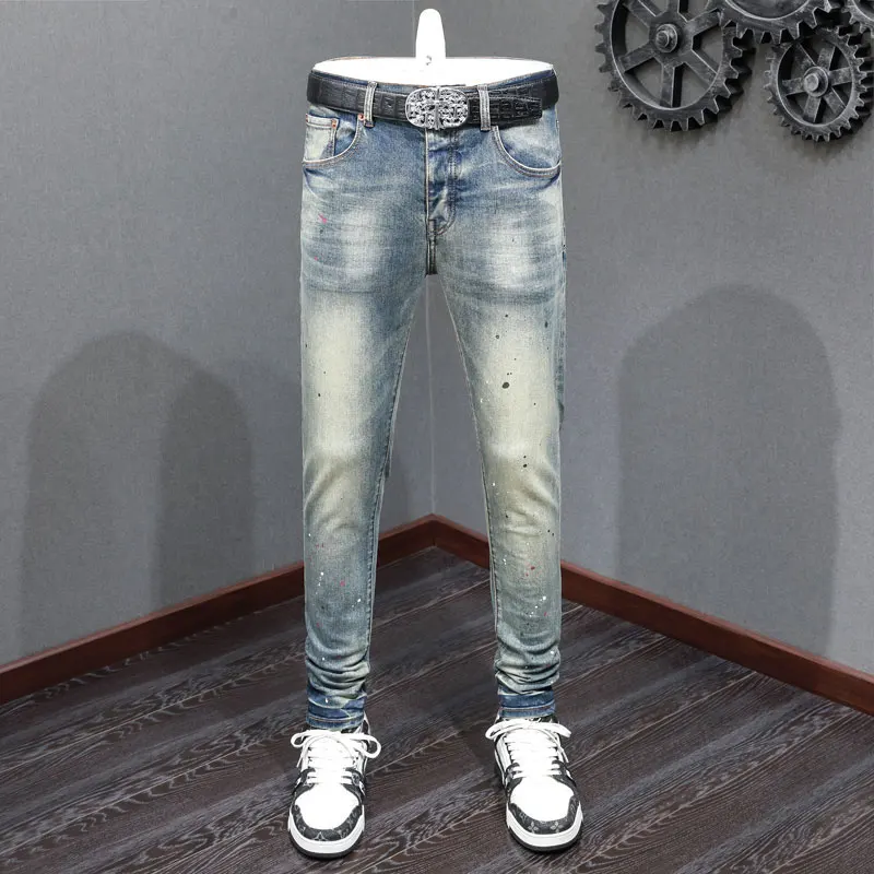 Street Fashion Men Jeans Retro Washed Blue Stretch Skinny Fit Ripped Jeans Men Painted Designer Hip Hop Brand Denim Pants Hombre