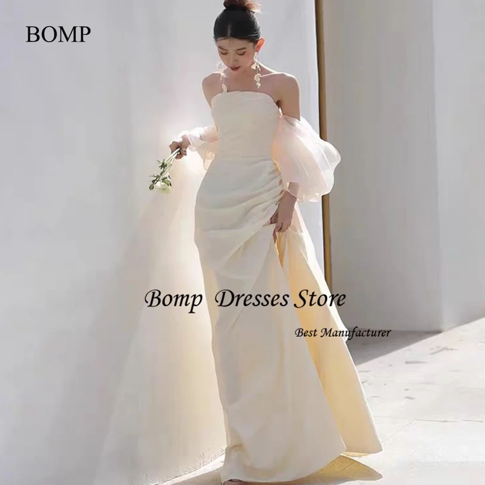 

BOMP Strapless A Line Wedding Dresses Photo shoot Puff Sleves Bridal Gowns Corset Back Customized Princess Receiption Party