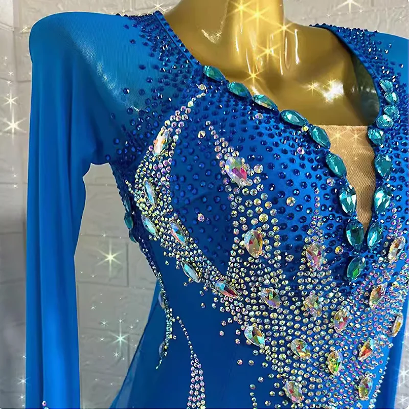 New Modern Dance Competition Costume Big Hem Ribbon Diamond Dress Ballroom National Standard Waltz Dancing Performance Outfits