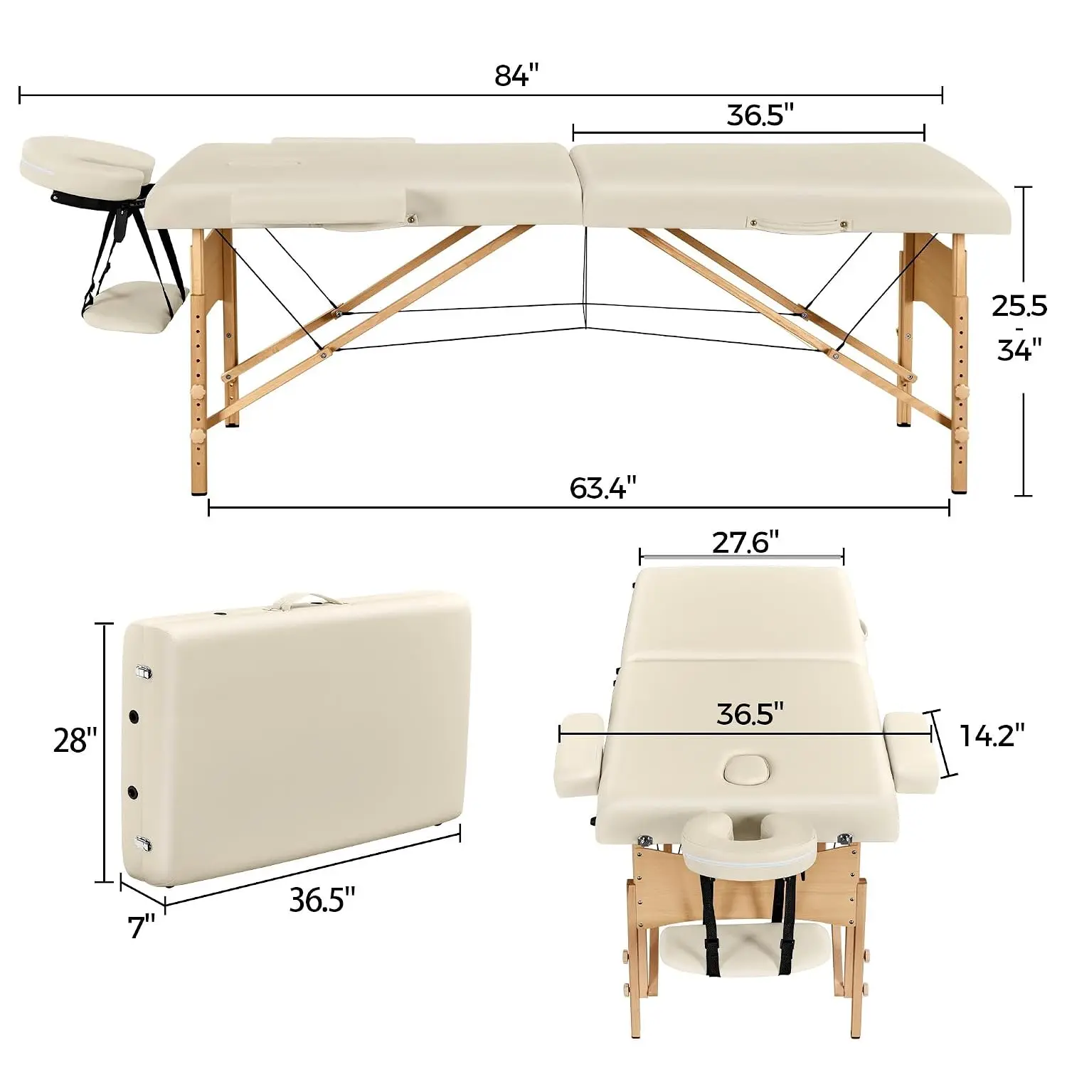 84x28in Portable Massage Table Folding Adjustable Lash Bed, Cream