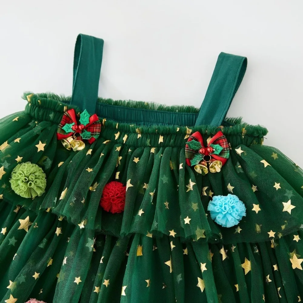 Sleeveless Children Christmas Dress Balls Mesh Layered Layered Tulle Dress Star Moon with Bow Hair Clip Party Clothes New Year