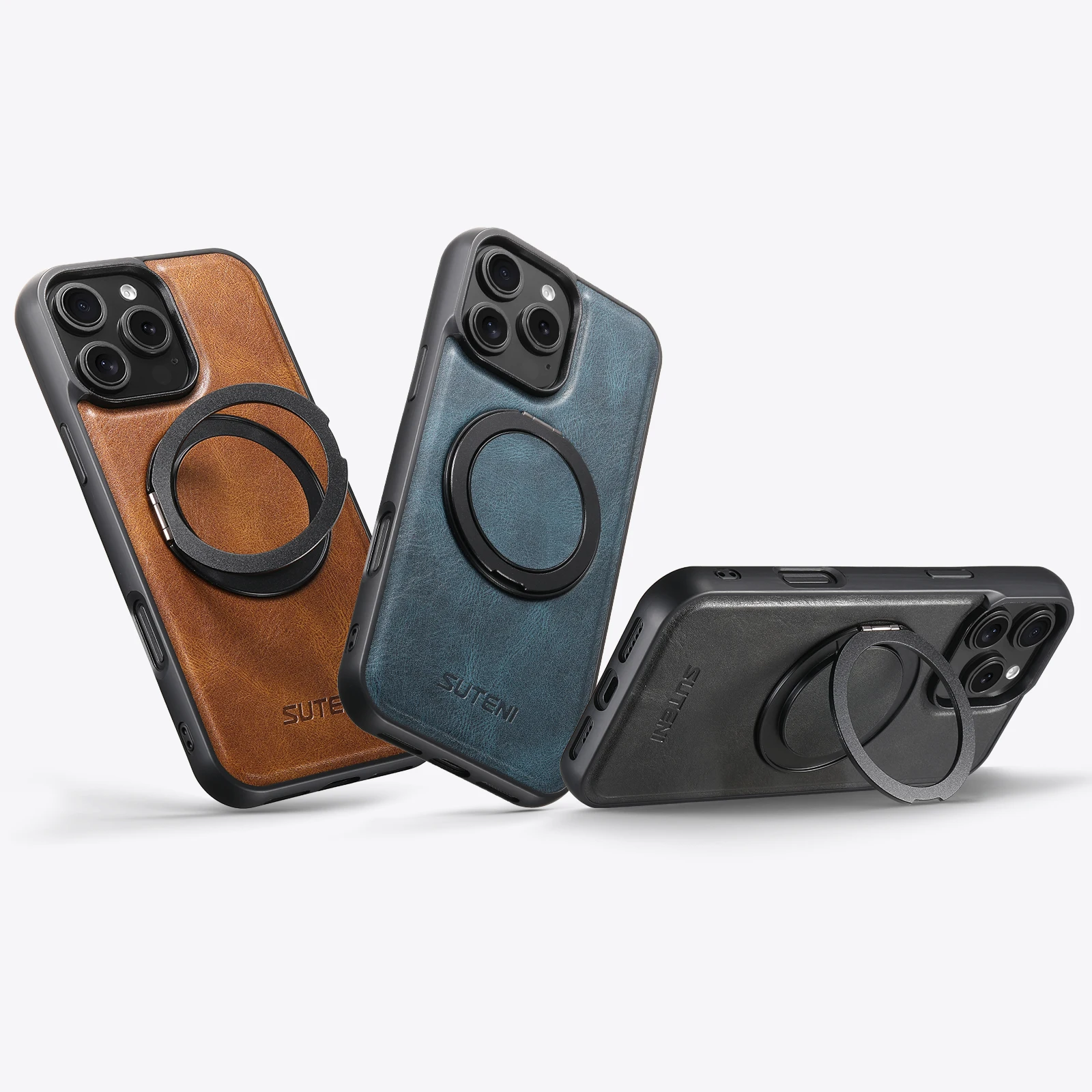 SUTENI Oil Wax PU Leather Wireless Ｃharging Phone Case 360° Rotating Stand Buckle For iPhone 17 Pro Max 16 Plus 15 Pro 14 13 12