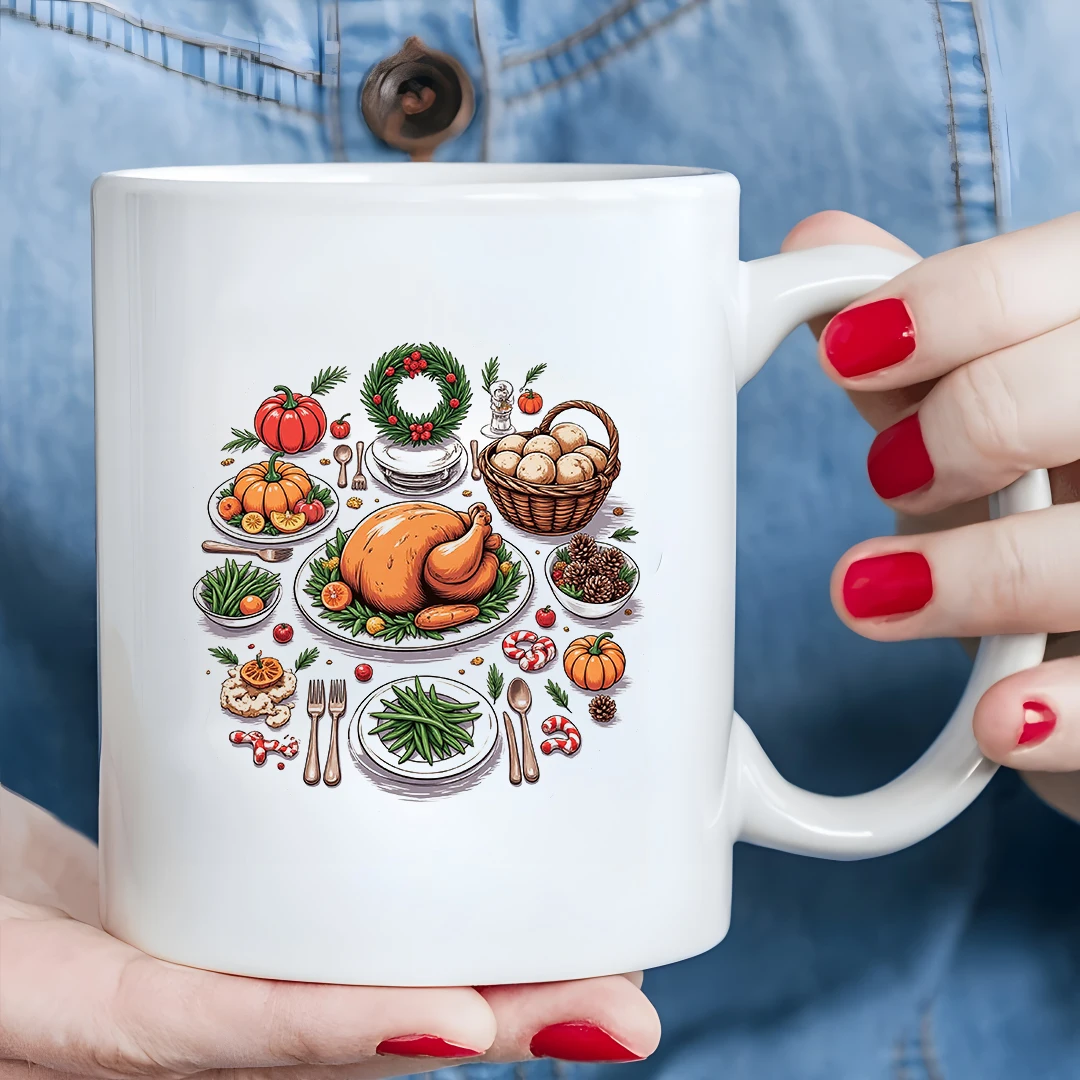 Taza de mesa navideña estilo dibujos animados, regalo de Navidad de 11OZ, taza de agua para oficina familiar, juego de vajilla decorada con calabaza y pollo asado