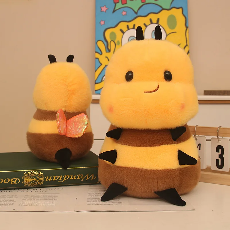 25/35/50CM Cute Honey Bee Plush Toys Fluffy Animal Stuffed Doll Flying Insect Black Eyes Pink Wings Room Decor Pillows Kids Gift