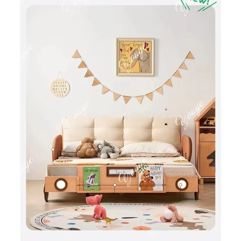 Gi Autobett Massivholz Kinderbett für Jungen mit Schutzgeländer Schlafzimmer Buche Jungenzimmer Bodenbett Einzelbett