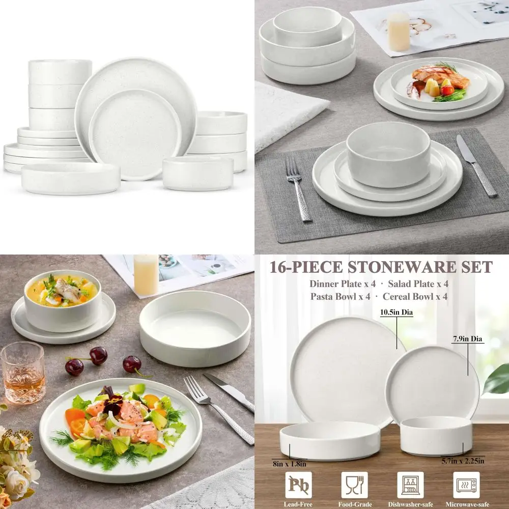 

dinnerware sets with pasta bowls, 16 piece plates and bowls set for 4, stoneware dinner dishes for kitchen dining, dishwasher &