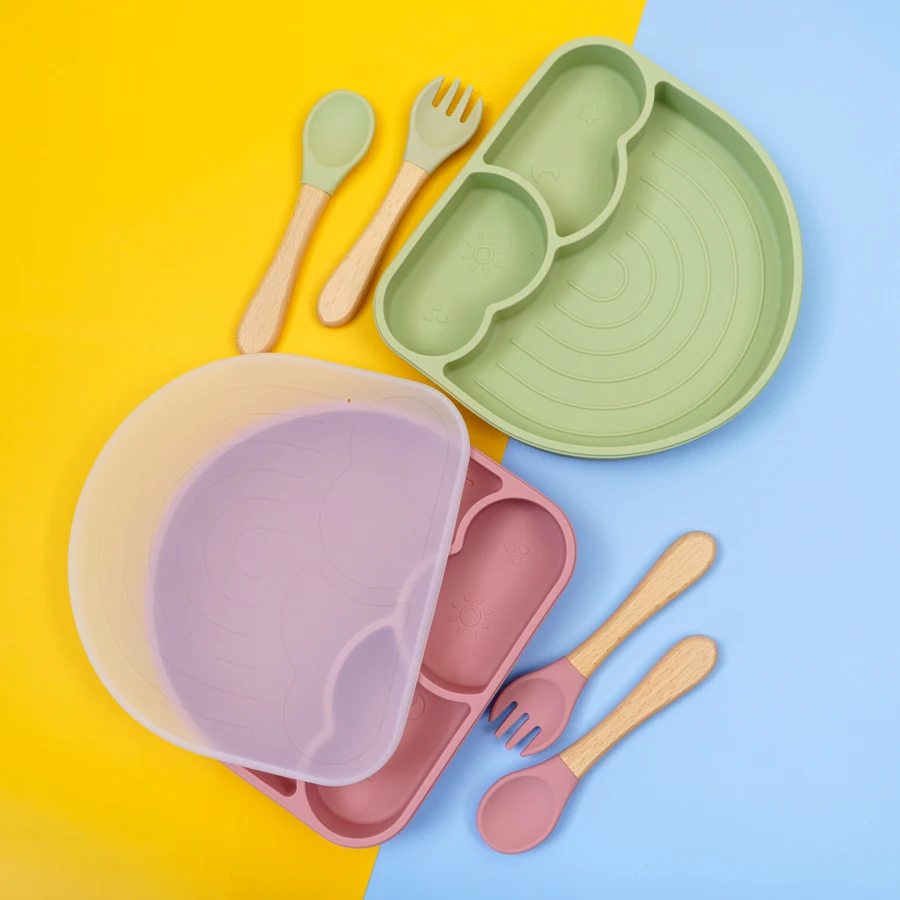 New Design Silicone Dining Plate Suction Cute Cartoon Rainbow Dishes Toddle Training Feeding Sucker Bowls Children\'s Tableware