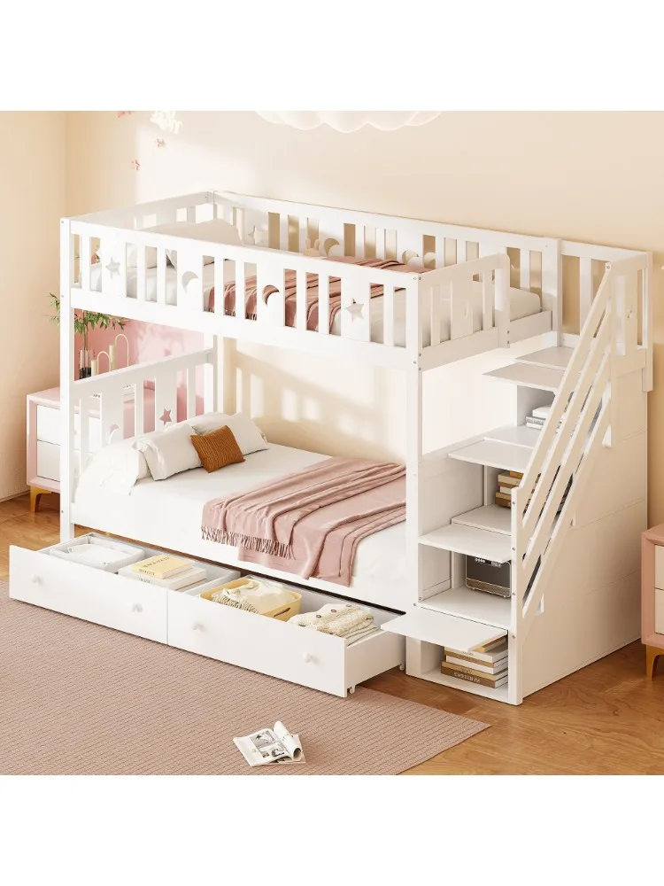 Kinderbett 90*200cm, Etagenbett aus Massivholz mit Sicherheitstreppe, Stauraumtreppe, zwei große Schubladen und Gitter, Weiß