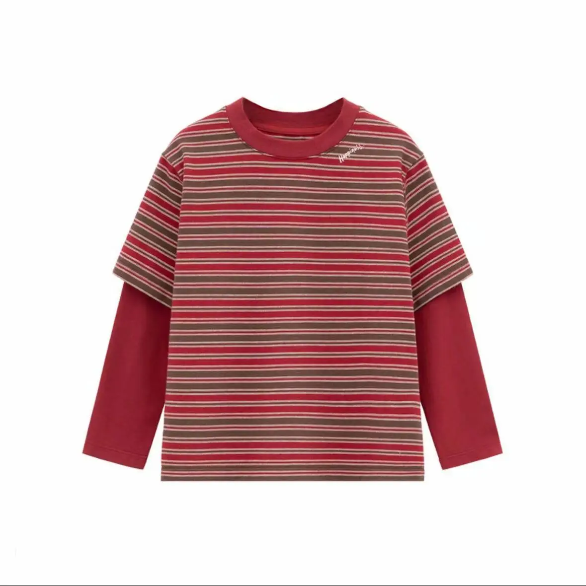 2026 Red Western Style Stripe Embroidered Alphabet Winter Knitted Fake Two piece T-shirt for Boys and Girls