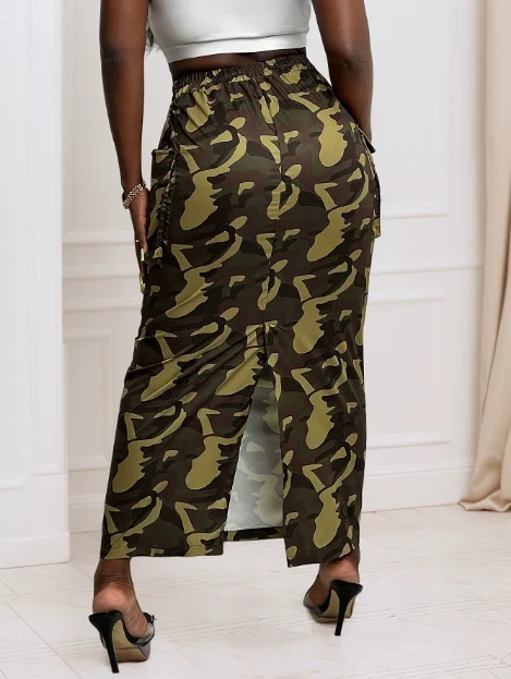 

Fashionable and Trendy Camouflage Printed High Waisted Workwear, Straight Tube Skirt, Women's Casual Pocket Design, Half Skirt
