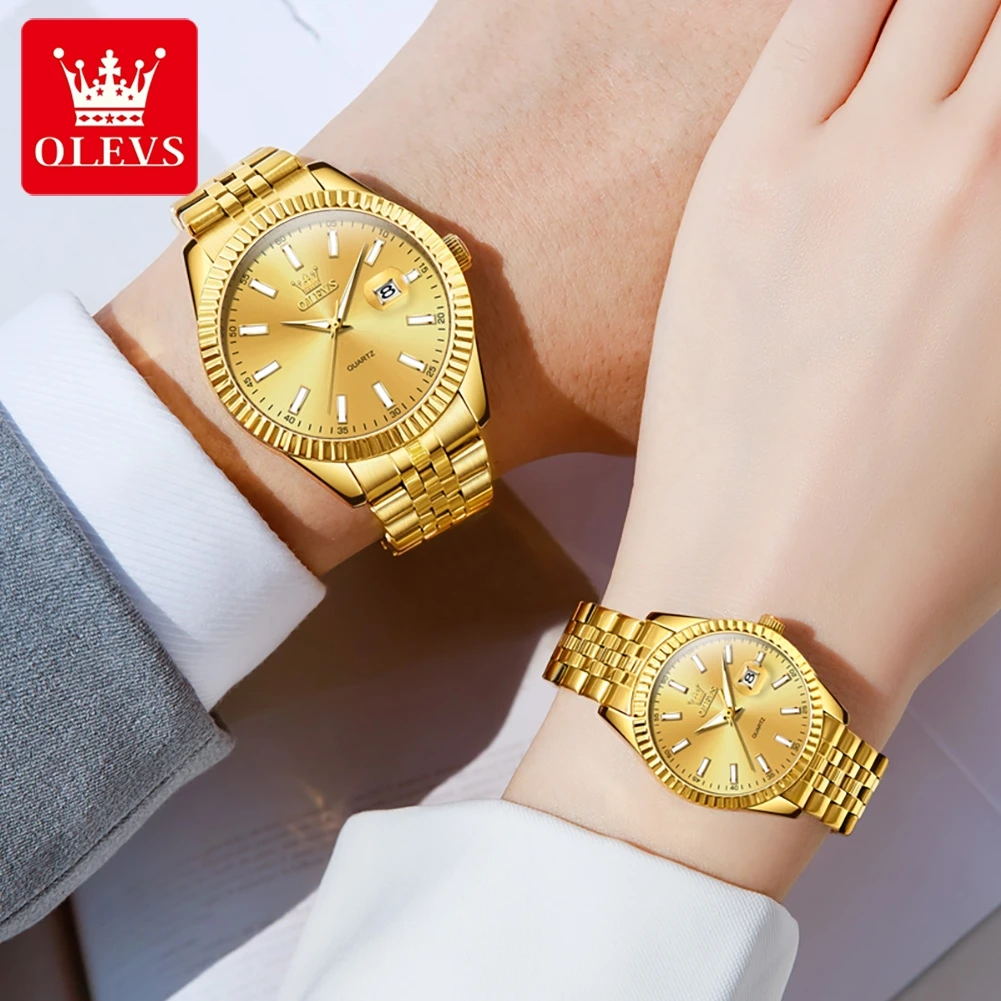 OLEVS-Montre à quartz étanche en acier inoxydable pour hommes et femmes, marque de luxe, calendrier, mode élégante, couple, 5593