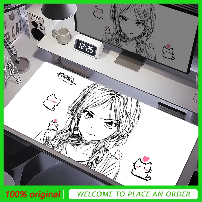 Alas Mouse Premium Black-And-White Line Girl Alas Keyboard Uniseks Bergaya Anime Ketebalan 4Mm dengan Tepi Terkunci Alas Mouse Desktop