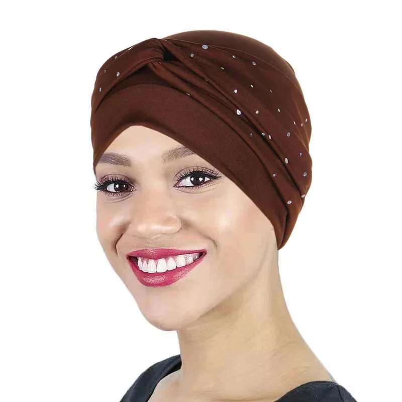 KepaHoo Women Turban Hats Stretchy Solid Knot Rhinestone Cancer Chemotherapy Chemo Beanies Cap Headwrap Plated Hair Loss Cover