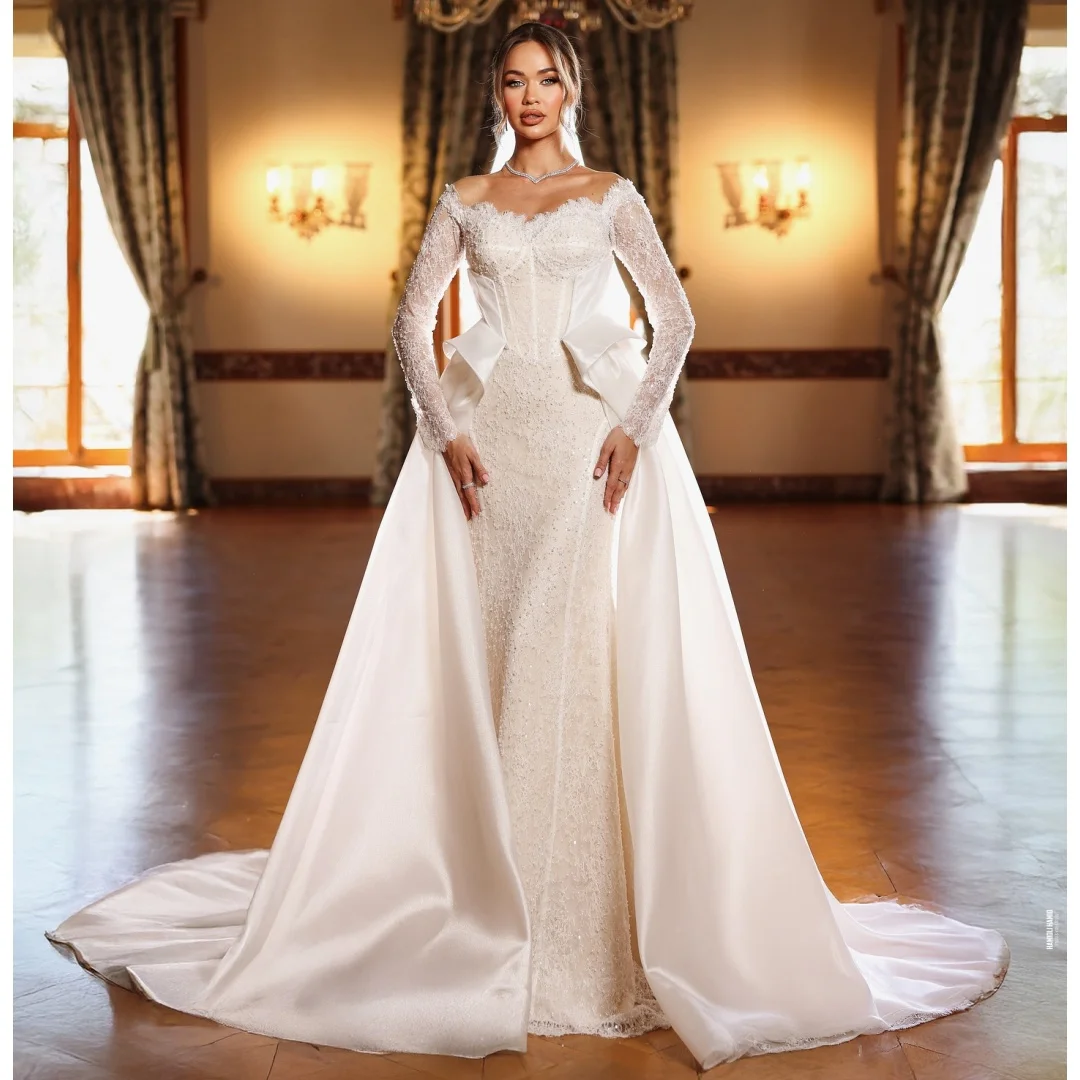 

Sparkly Sequin Mermaid Wedding Dresses Women Long Sleeves Vestido de Novia Detachable Train Beading Robe De Soirée Customized