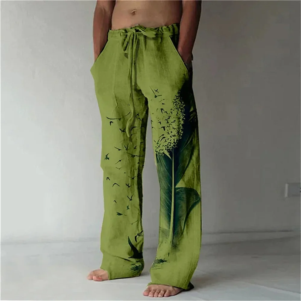 Men's Casual Pants Handsome Patchwork Square Print Daily Breathable Bamboo Hemp men's Trousers Large Size Fashion Straight Pants