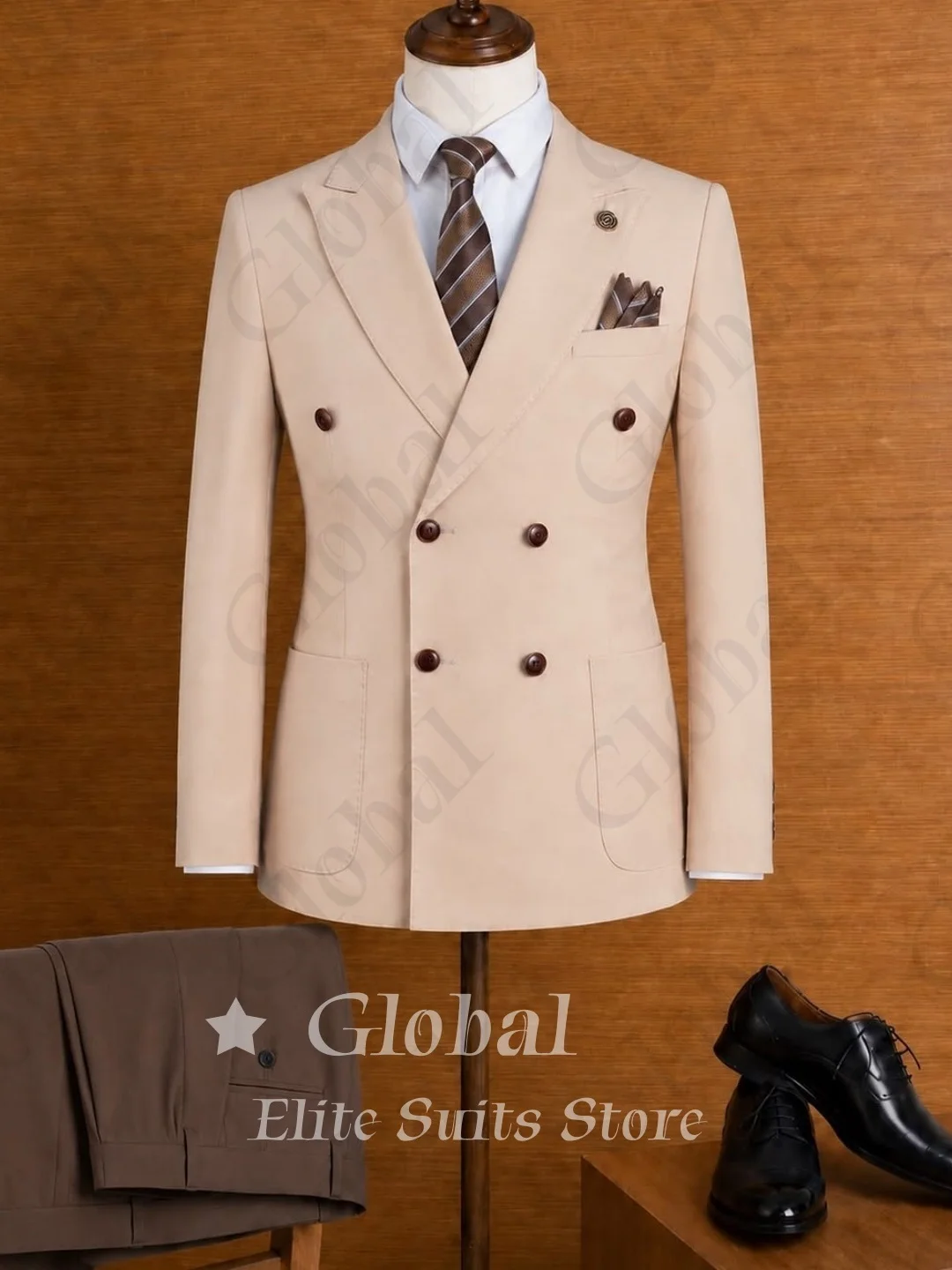 Light Khaki 2 Piece Men Suit Wide Peak Lapel Double Breasted Brown Contrast Trousers Garden Wedding Resort Office Customized