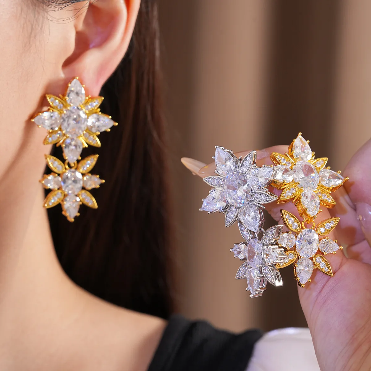 DOO MEI Flower Zircon Dangle Earrings For Women Sparkly Crystal Drop Earrings Luxury Statement Jewelry For Wedding Party Evening